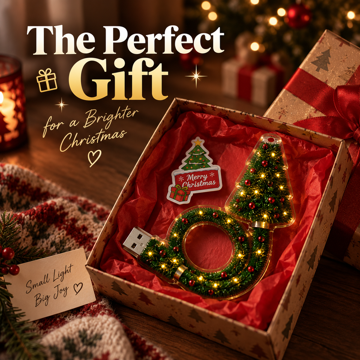 Christmas projector shown in a festive gift setting