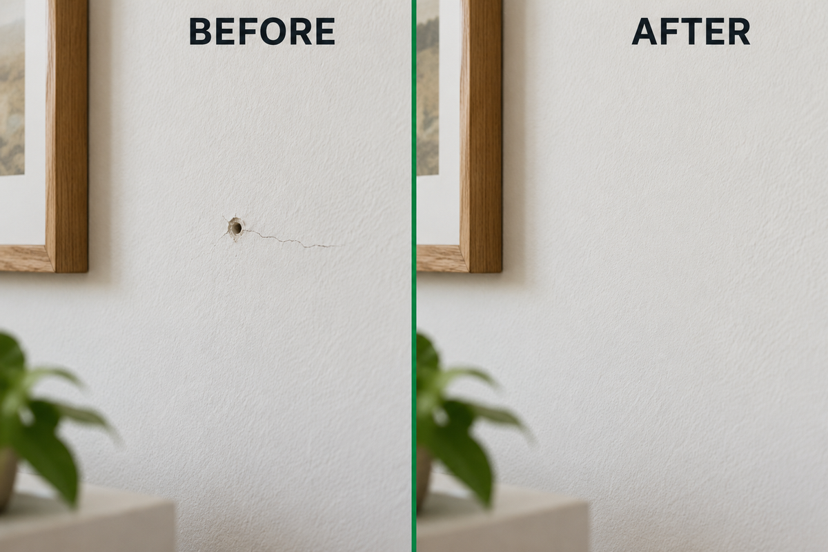 Illustrative before and after of a small nail hole and hairline crack repaired on a wall; results vary